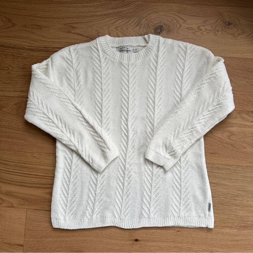 Orvis Cozy Chenille Cable Knit White Sweater Size Large